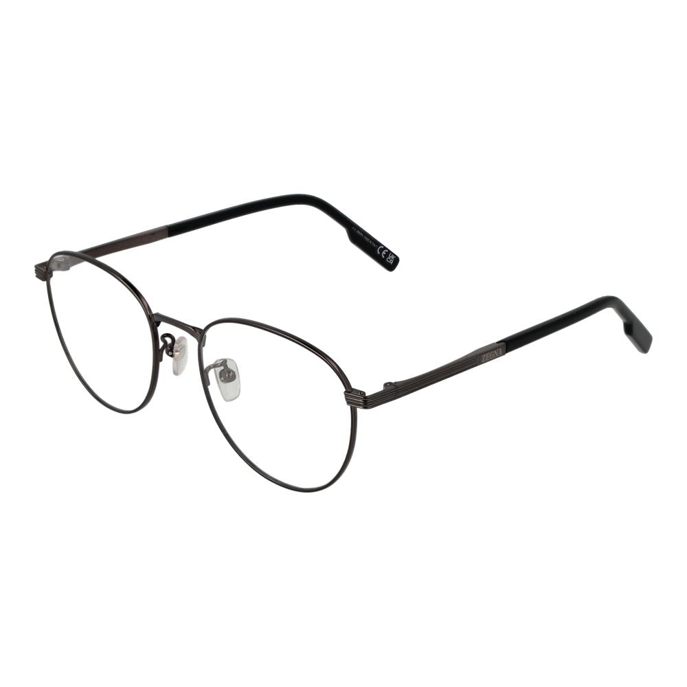 Ermenegildo Zegna Gray Men Glasses Frame, gunmetal titanium, full-rim round style, size 52-19-145, branded case included.