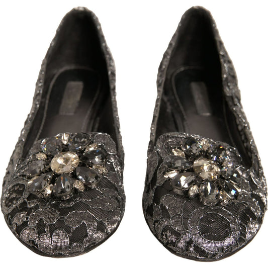 Dolce & Gabbana Silver Crystal Loafer Lace Ballet Flats Shoes LA12356-37