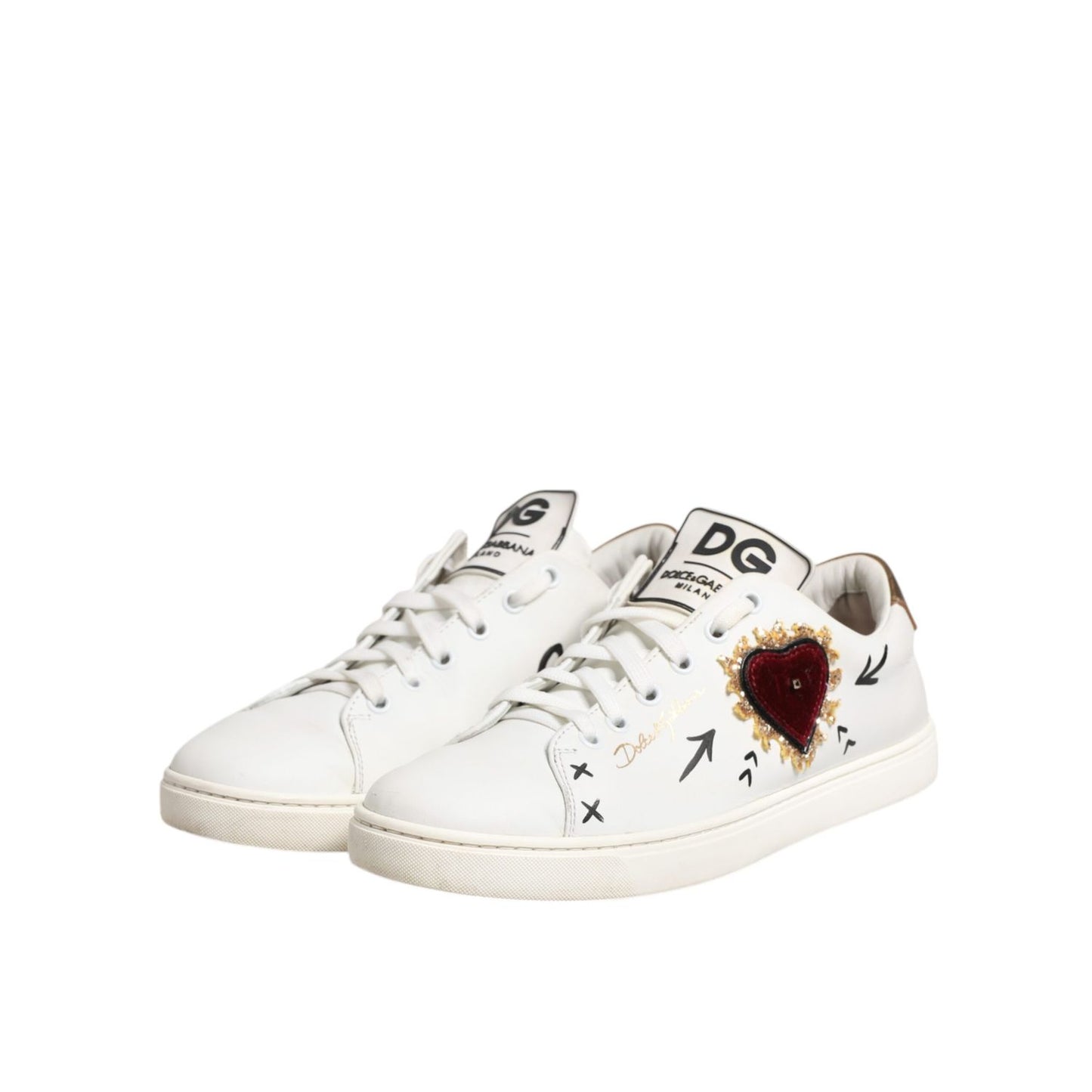 Dolce & Gabbana White Leather Heart Embellished Sneakers Shoes