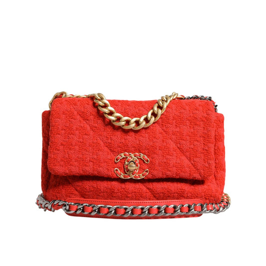 Chanel Red Tweed 2WAY Hand Chain Medium Shoulder Bag Purse CHA195
