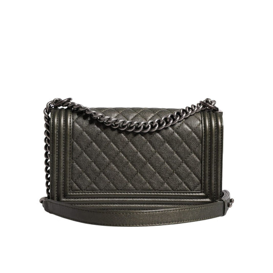 Chanel Dark Green Leather Shoulder Bag Gray Metal Purse Bag CHA176