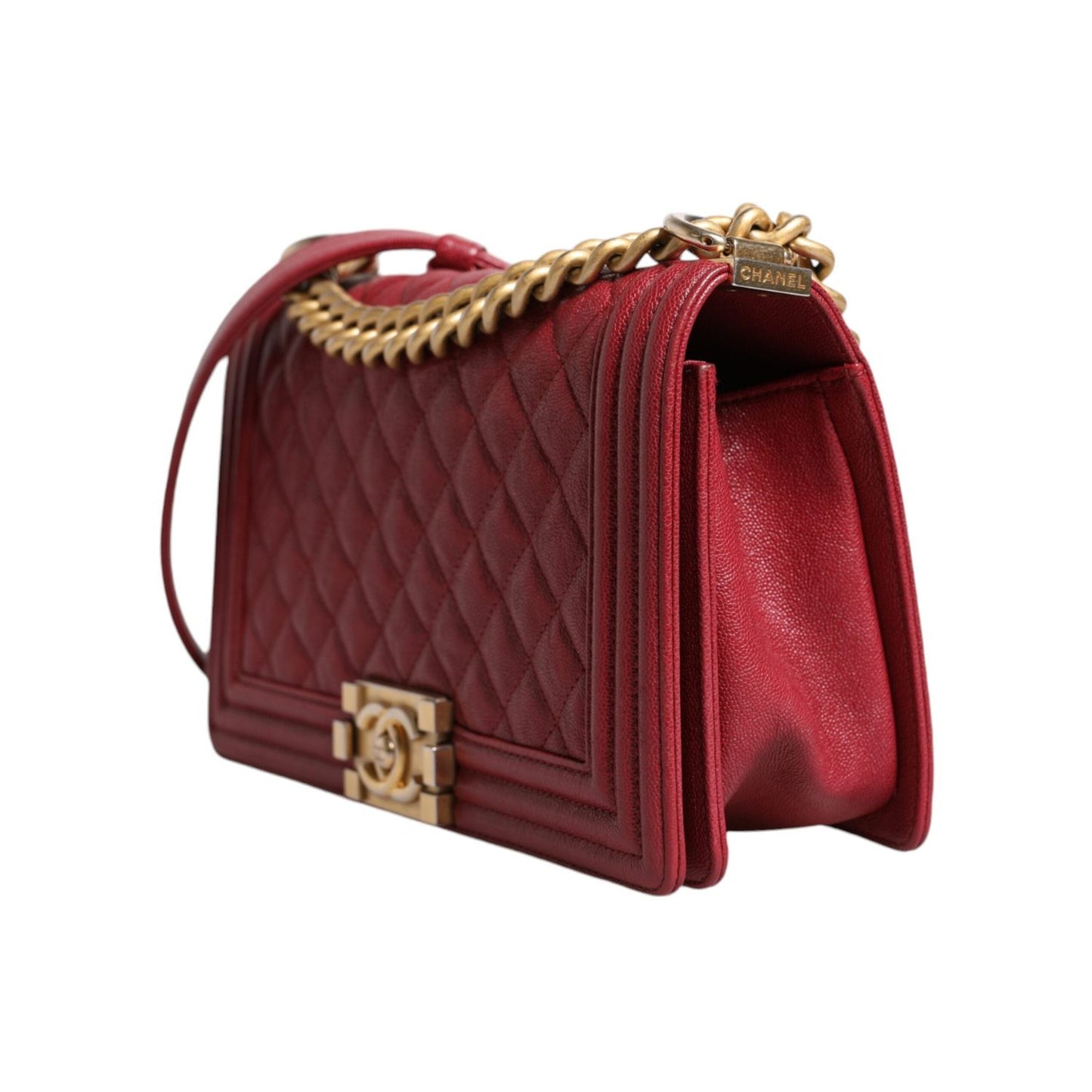 Chanel Red Leather Lambskin Double Gold Chain Medium Shoulder Bag CHA199