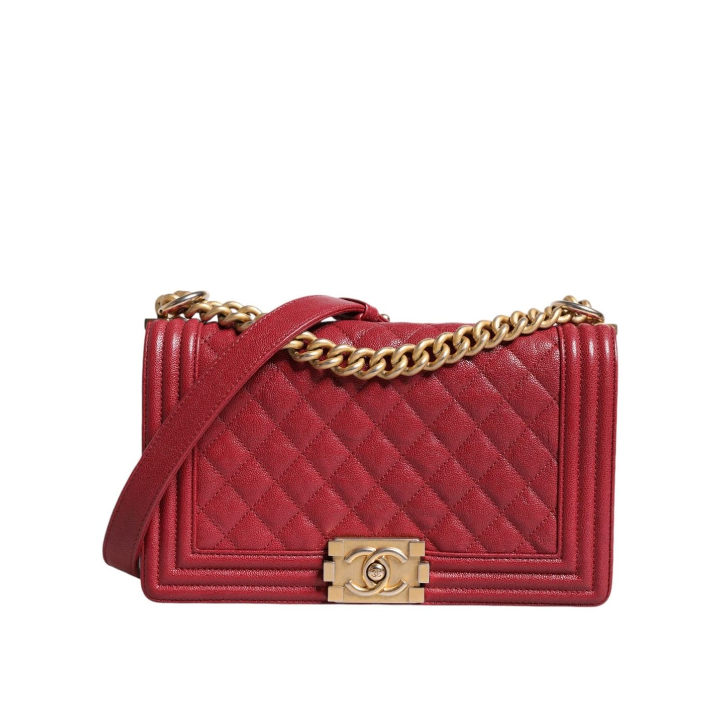 Chanel Red Leather Lambskin Double Gold Chain Medium Shoulder Bag CHA199