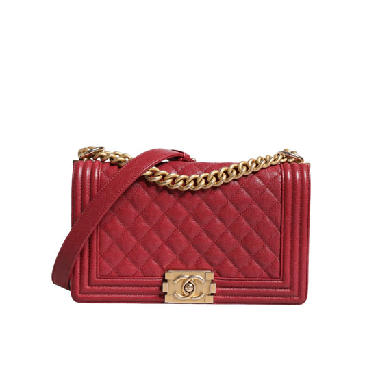 Chanel Red Leather Lambskin Double Gold Chain Medium Shoulder Bag CHA199