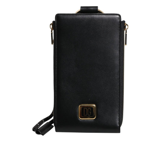 Dolce & Gabbana Black Leather Logo Plaque Neck Strap Card Coin Wallet BAG4074