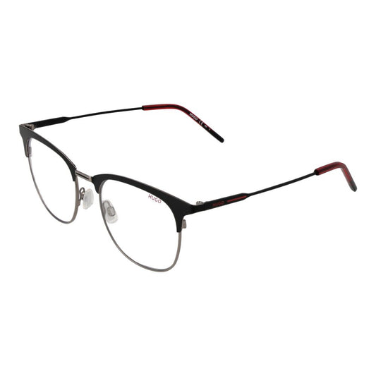 Hugo Boss Black Men Glasses Frame in stainless steel, full-rim browline style with demo lenses, black frame, 52mm width, case included.