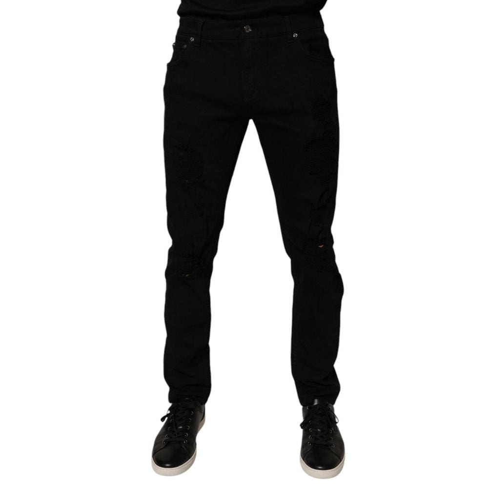 Dolce & Gabbana Black Tattered Cotton Skinny Men Denim Jeans PAN76068-50