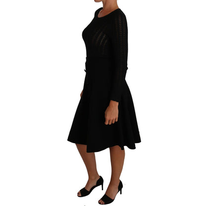 Dolce & Gabbana Black Knitted Wool Sheath Long Sleeves Dress
