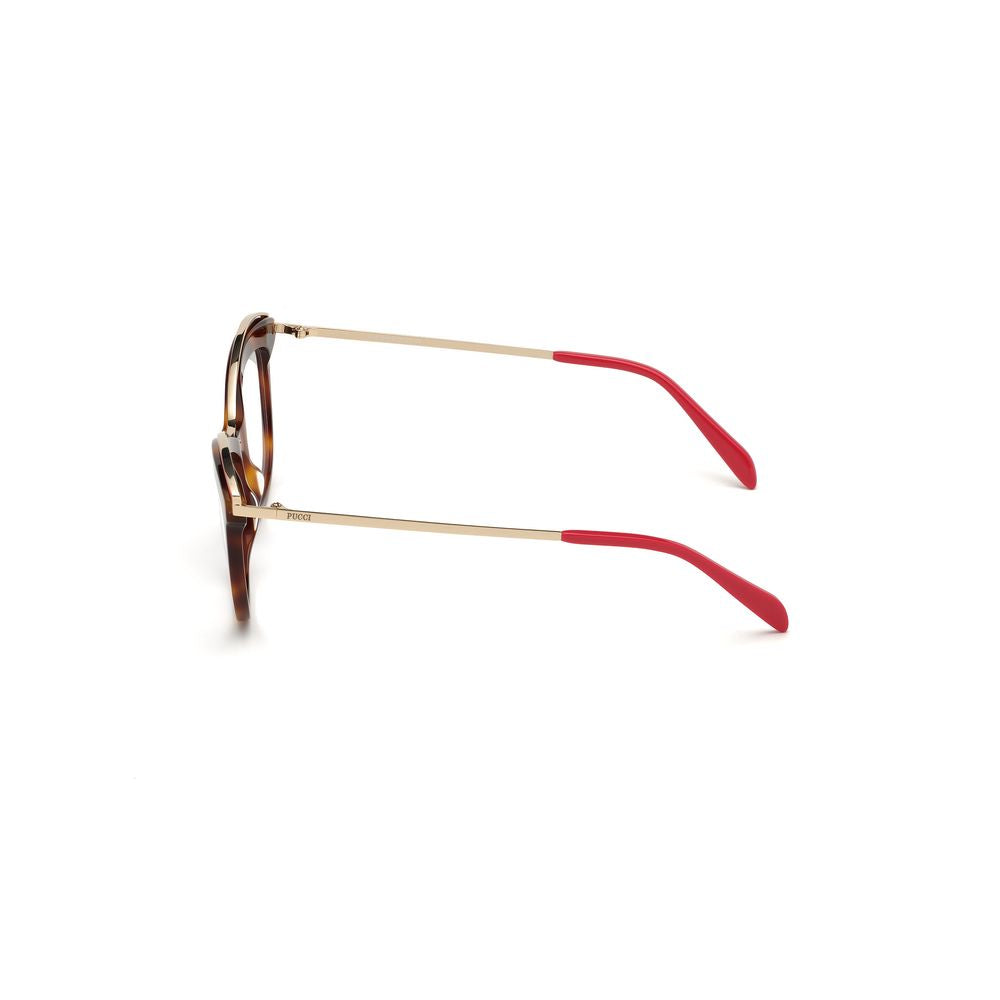 Side view of Emilio Pucci Brown Acetate Frames with slim temples and red tips.
