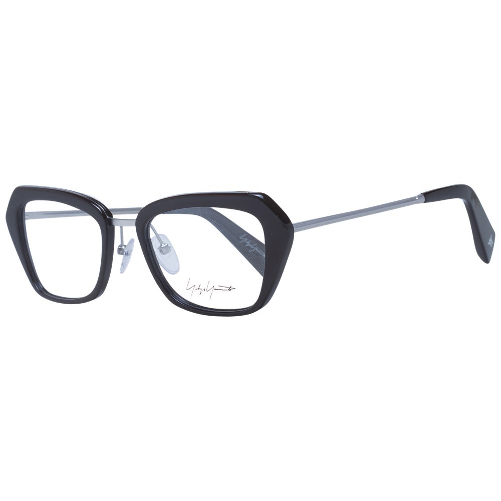 Yohji Yamamoto Black Women Glasses Frame in rectangle style, full-rim black metal and plastic, with demo lenses, model size 51-19-140.