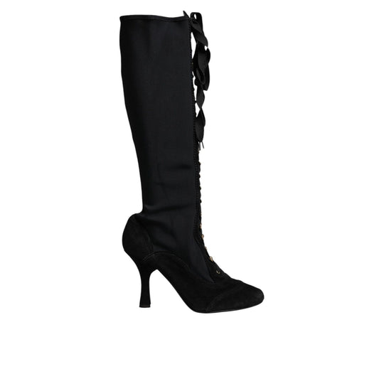 Dolce & Gabbana Black Lace Up Heels High Boots Shoes