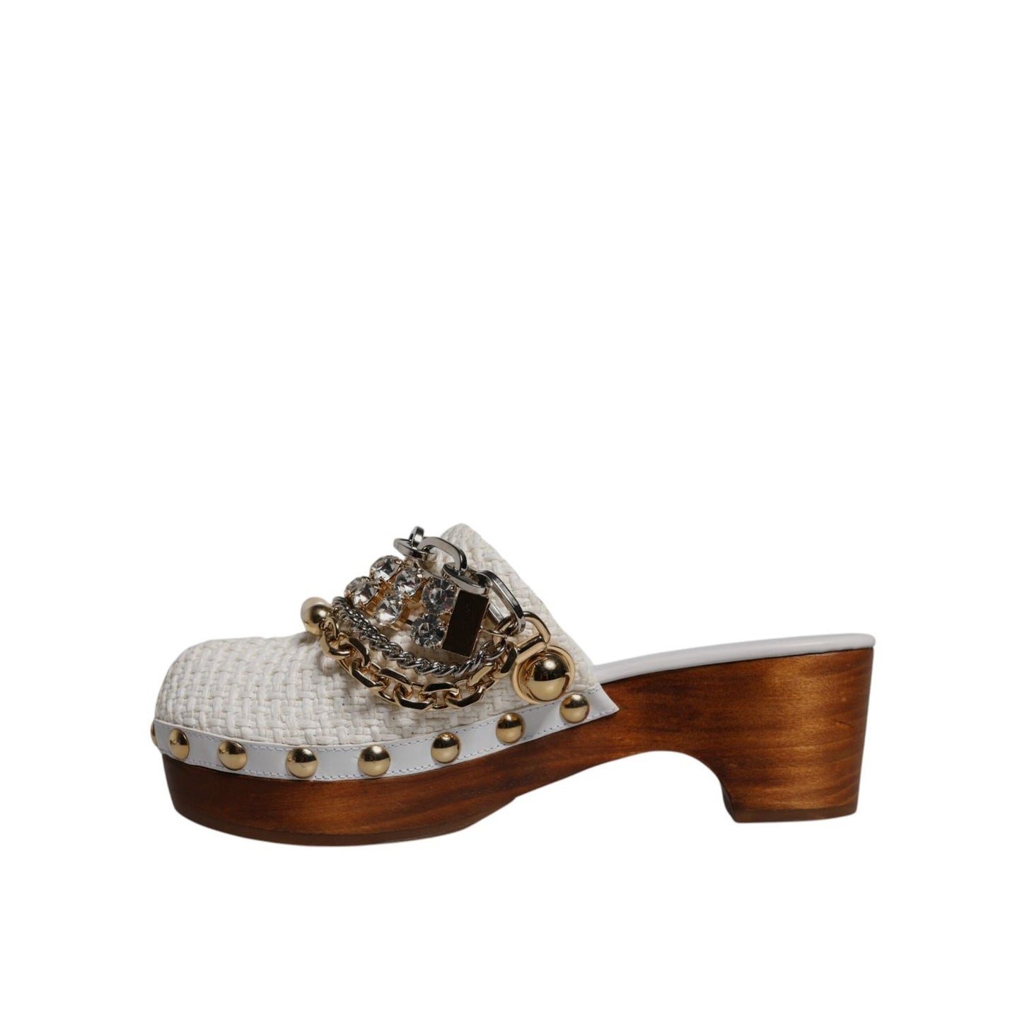 Dolce & Gabbana White Raffia Clogs Bejeweled Chain Sandals Shoes