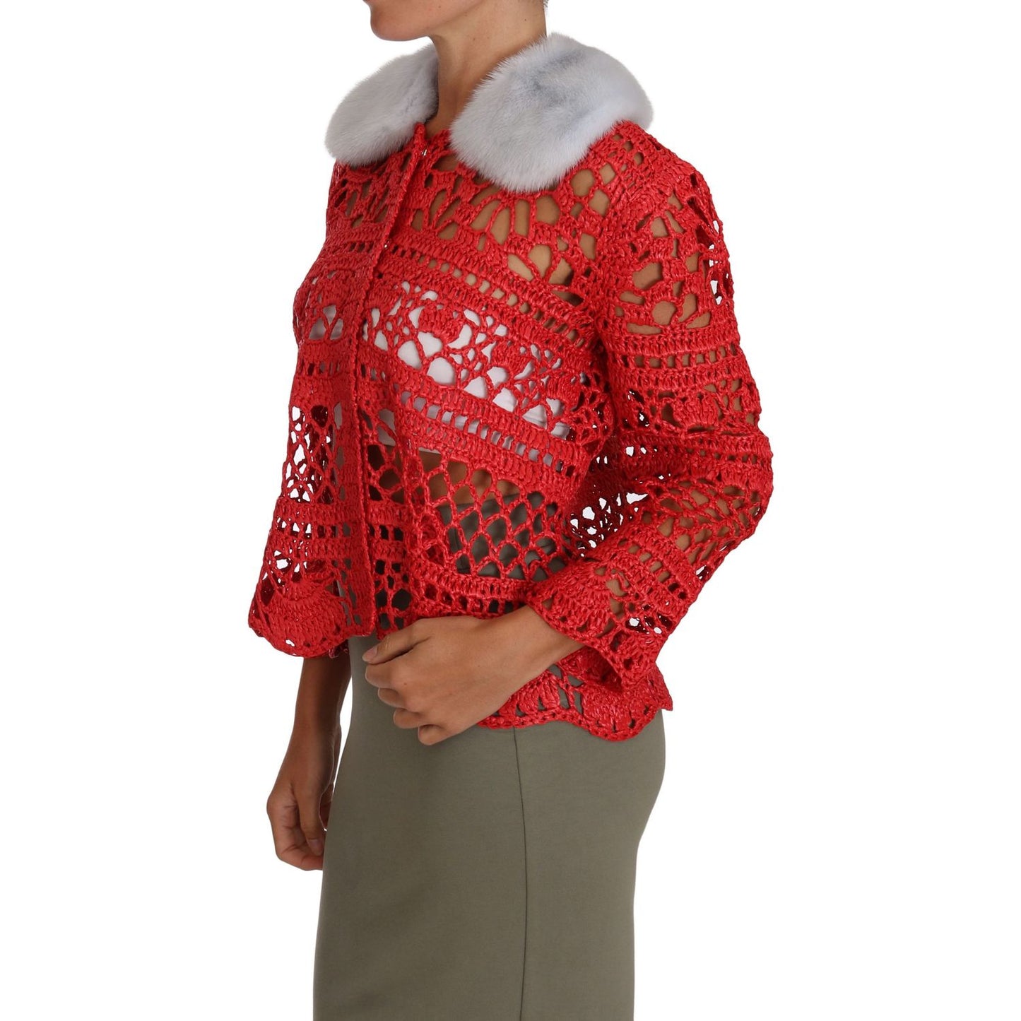 Dolce & Gabbana Red Cardigan Crochet Knit Raffia Sweater