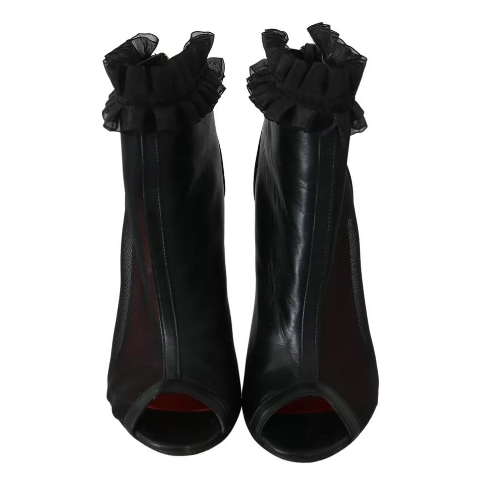 Mangano Black Leather Mesh Stiletto High Heels Peep Toe Boots Shoes