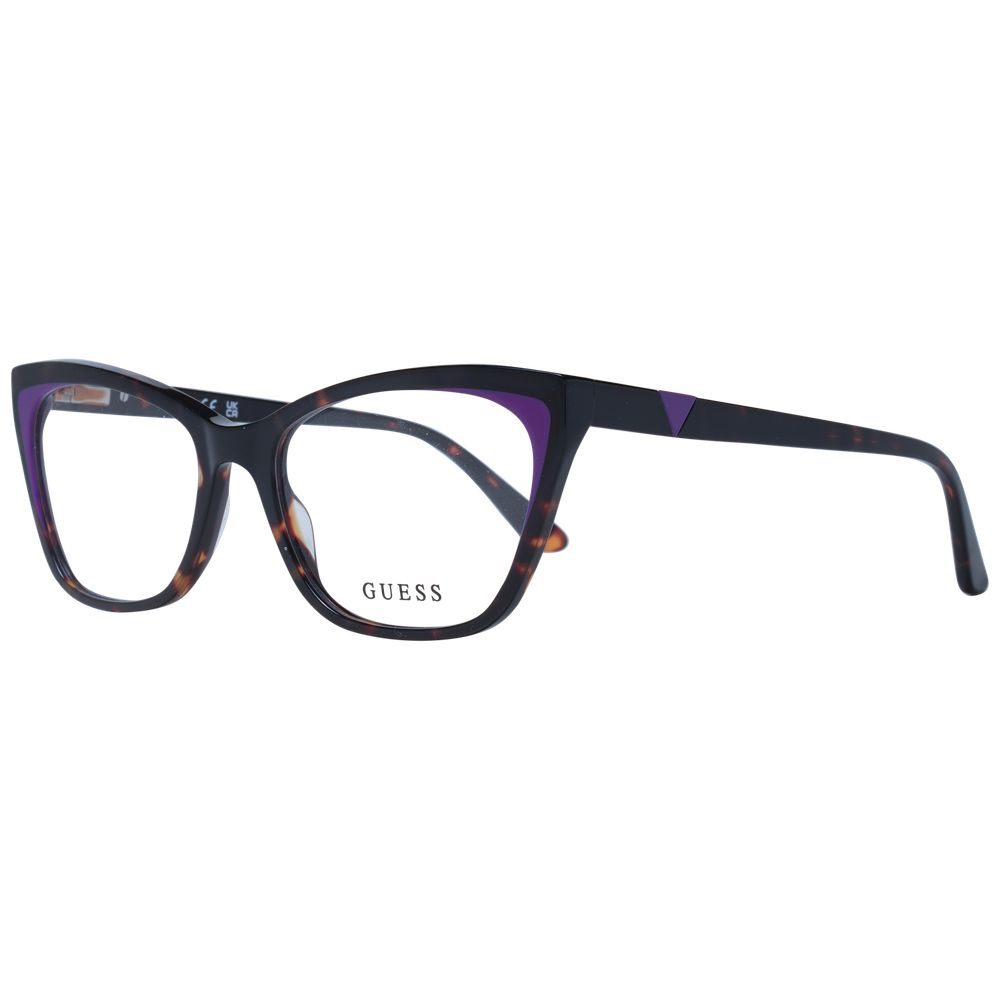 Guess Brown Women Glasses Frame with acetate cat-eye full-rim design, spring hinge temples, and demo lenses, size 54-17-140.
