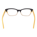 Guess Black Women Glasses Frame with black acetate full-rim, rectangular style, spring hinge, demo glasses, and yellow temples included.