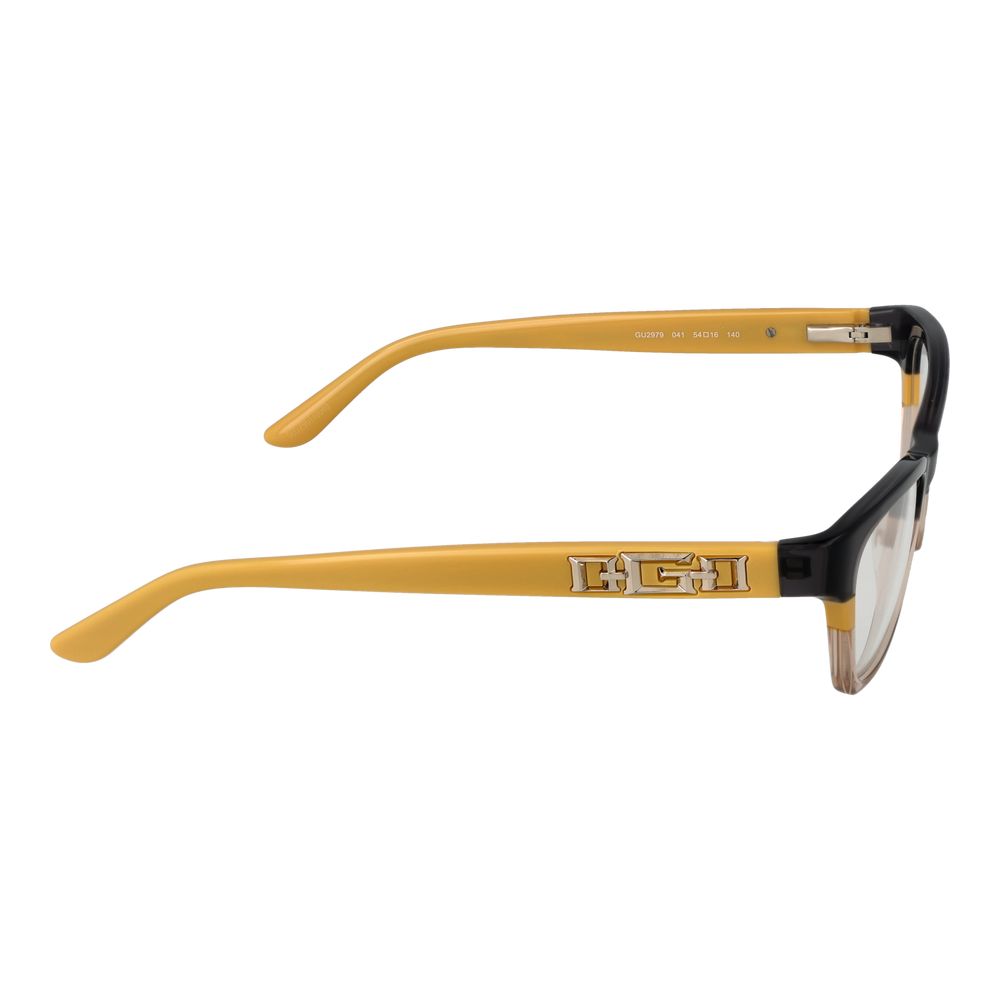 Side view of Guess Black Women Glasses Frame with acetate material and full-rim style, featuring black and yellow arms with logo detail.