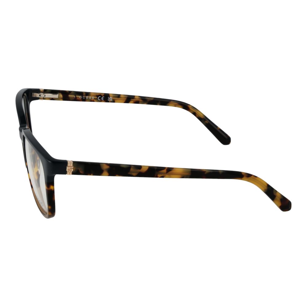 Side view of Guess Brown Men Glasses Frame with tortoiseshell acetate finish and full-rim design, featuring a spring hinge.
