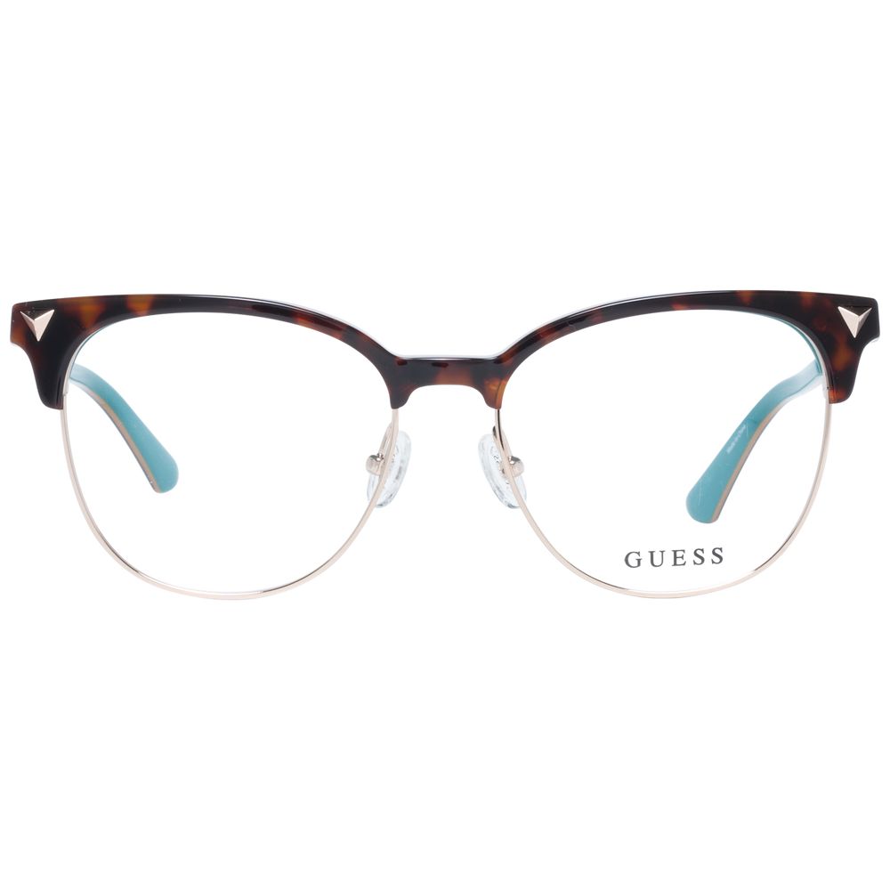Guess Brown Women Glasses Frame with brown full-rim browline style, metal and plastic, demo lenses, size 53-17-140.