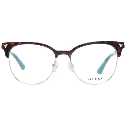 Guess Brown Women Glasses Frame with brown full-rim browline style, metal and plastic, demo lenses, size 53-17-140.