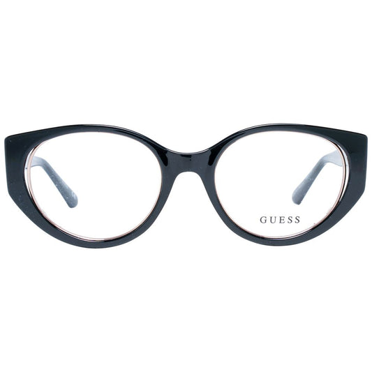 Guess Black Women Glasses Frame in cat eye style with full-rim black plastic frame, demo lenses, 52mm width. Perfect for stylish wear.
