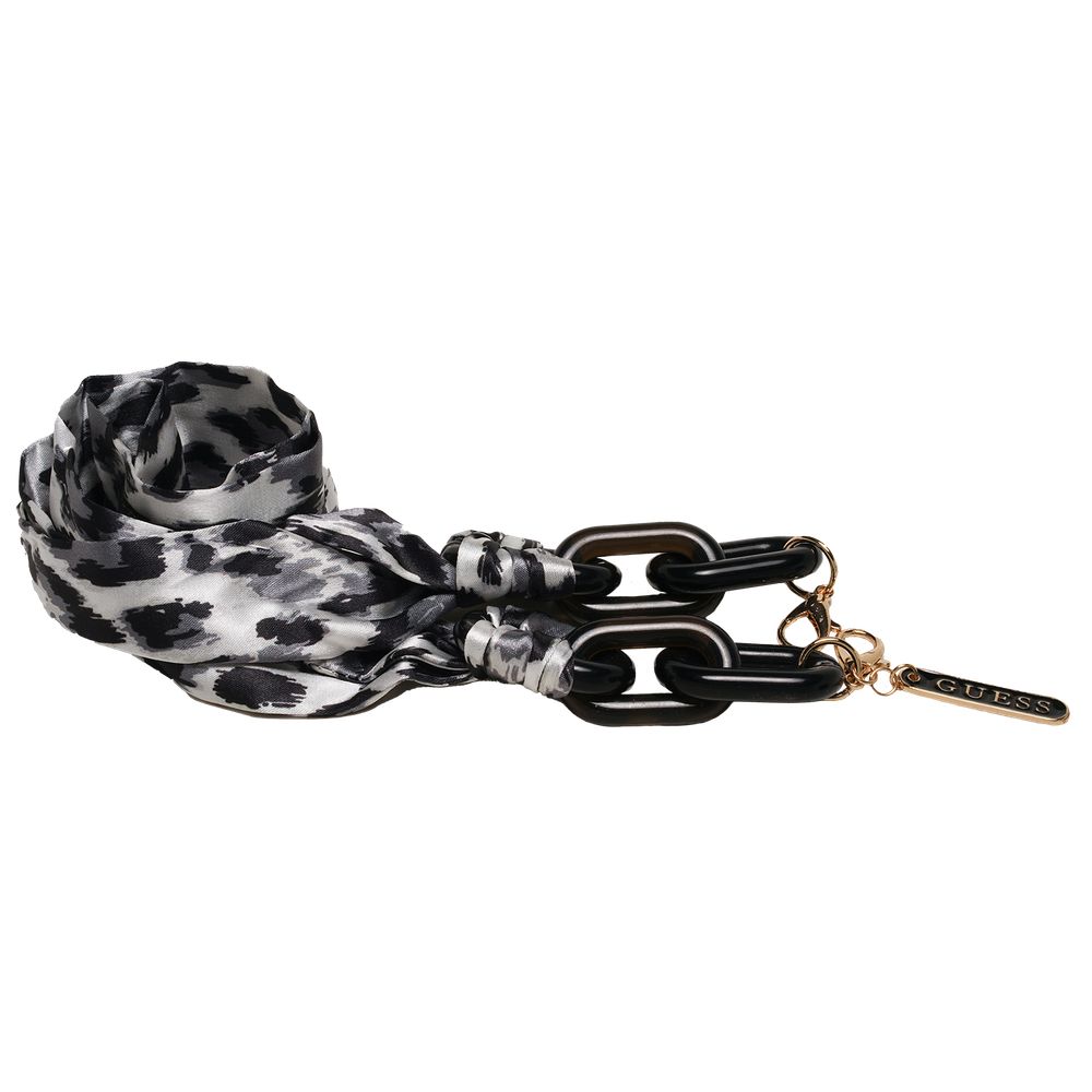 Stylish Guess eyewear chain with black and white leopard print scarf and gold logo tag.