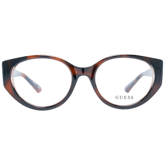 Guess Brown Women Glasses Frame, full-rim cat eye style, brown plastic frame, demo lenses, size 52-20-140, branded case included.