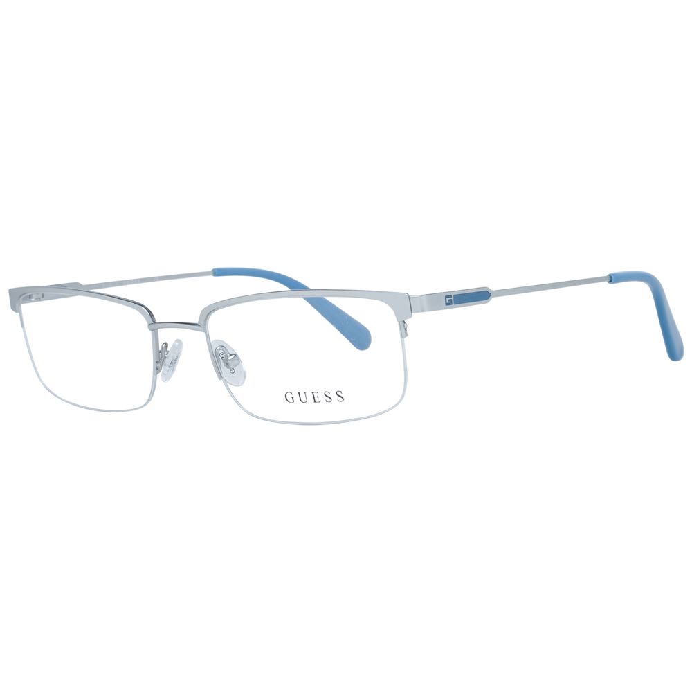 Guess Gray Men Glasses Frame, half-rim metal frame in grey, rectangular style, demo lenses, 54-18-145 size, branded case included.