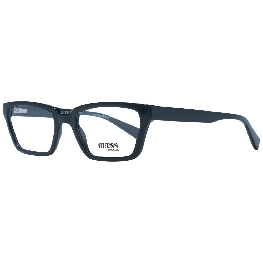 Guess Black Women Glasses Frame, full-rim rectangle style with black plastic material, demo lenses, spring hinge, includes branded case.