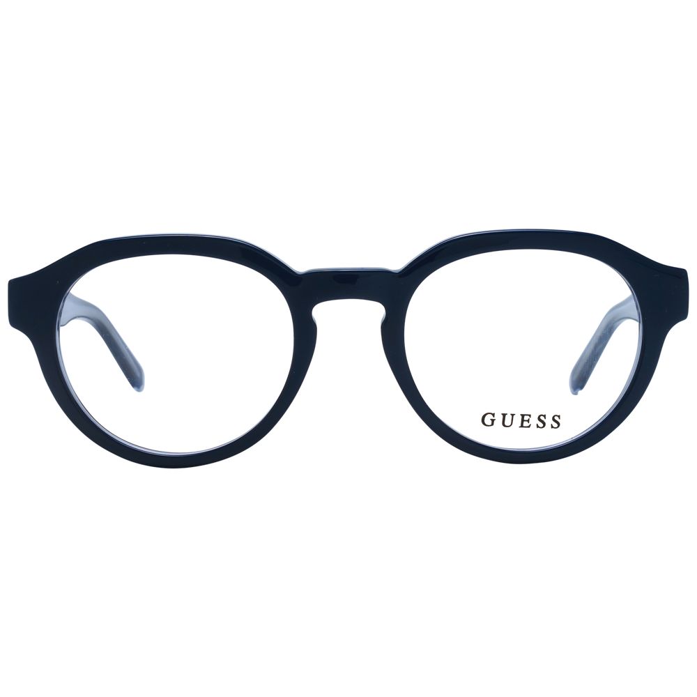 Guess Blue Unisex Glasses Frame in round plastic full-rim style with blue color and demo lenses, featuring spring hinges.