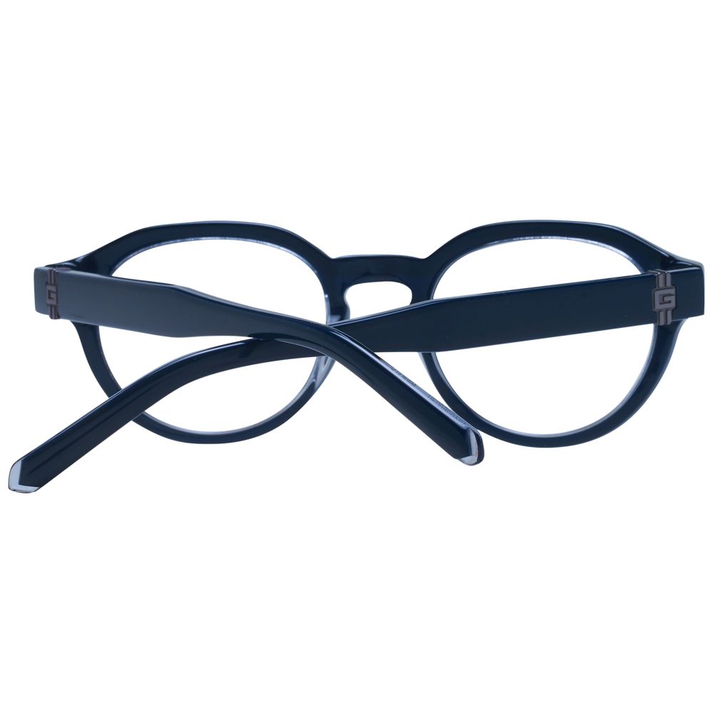 Guess Blue Unisex Glasses Frame with round blue full-rim plastic frame, demo lenses, spring hinge, and branded case included.