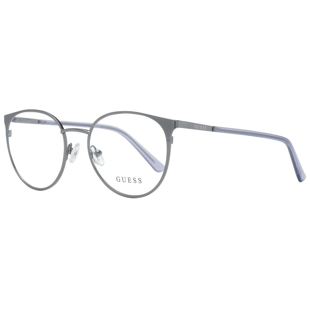Guess Gray Women Glasses Frame, metal round full-rim design, grey color, demo lenses, includes branded case with spring hinge.