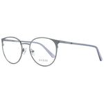 Guess Gray Women Glasses Frame, metal round full-rim design, grey color, demo lenses, includes branded case with spring hinge.