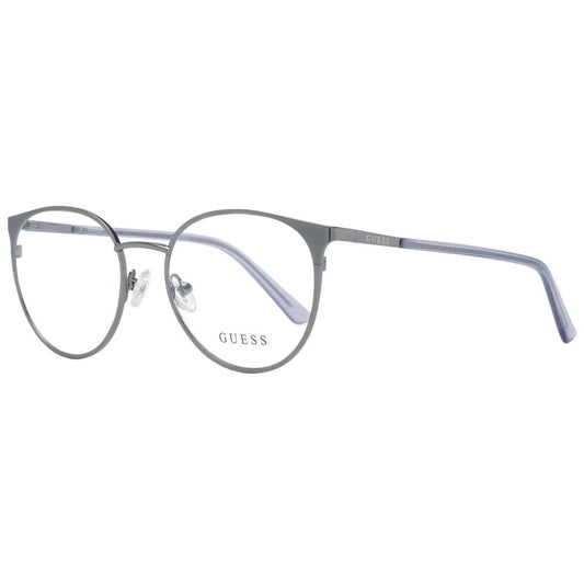 Guess Gray Women Glasses Frame, metal round full-rim design, grey color, demo lenses, includes branded case with spring hinge.