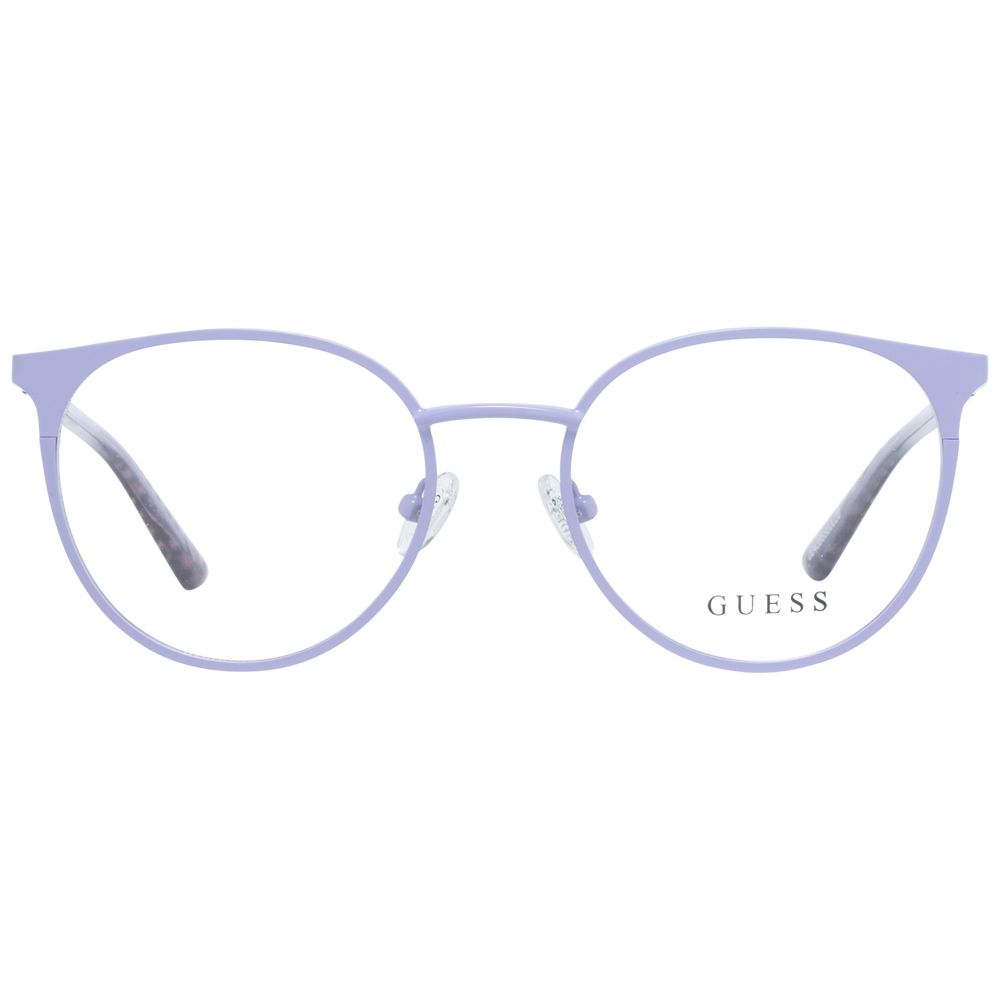 Guess Purple Women Glasses Frame, metal full-rim with 50-18-140 size, demo lenses, and spring hinge, round style for women.