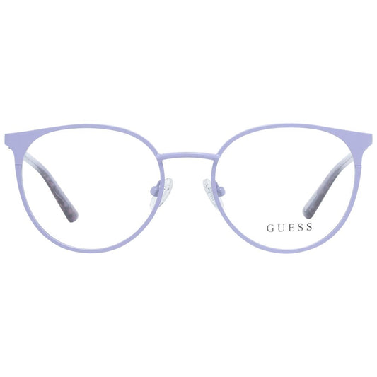 Guess Purple Women Glasses Frame, metal full-rim with 50-18-140 size, demo lenses, and spring hinge, round style for women.