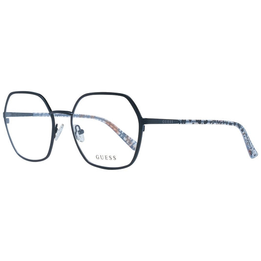 Guess Black Women Glasses Frame, metal full-rim square eyeglasses, demo lenses, 55-19-140, with spring hinges and branded case.