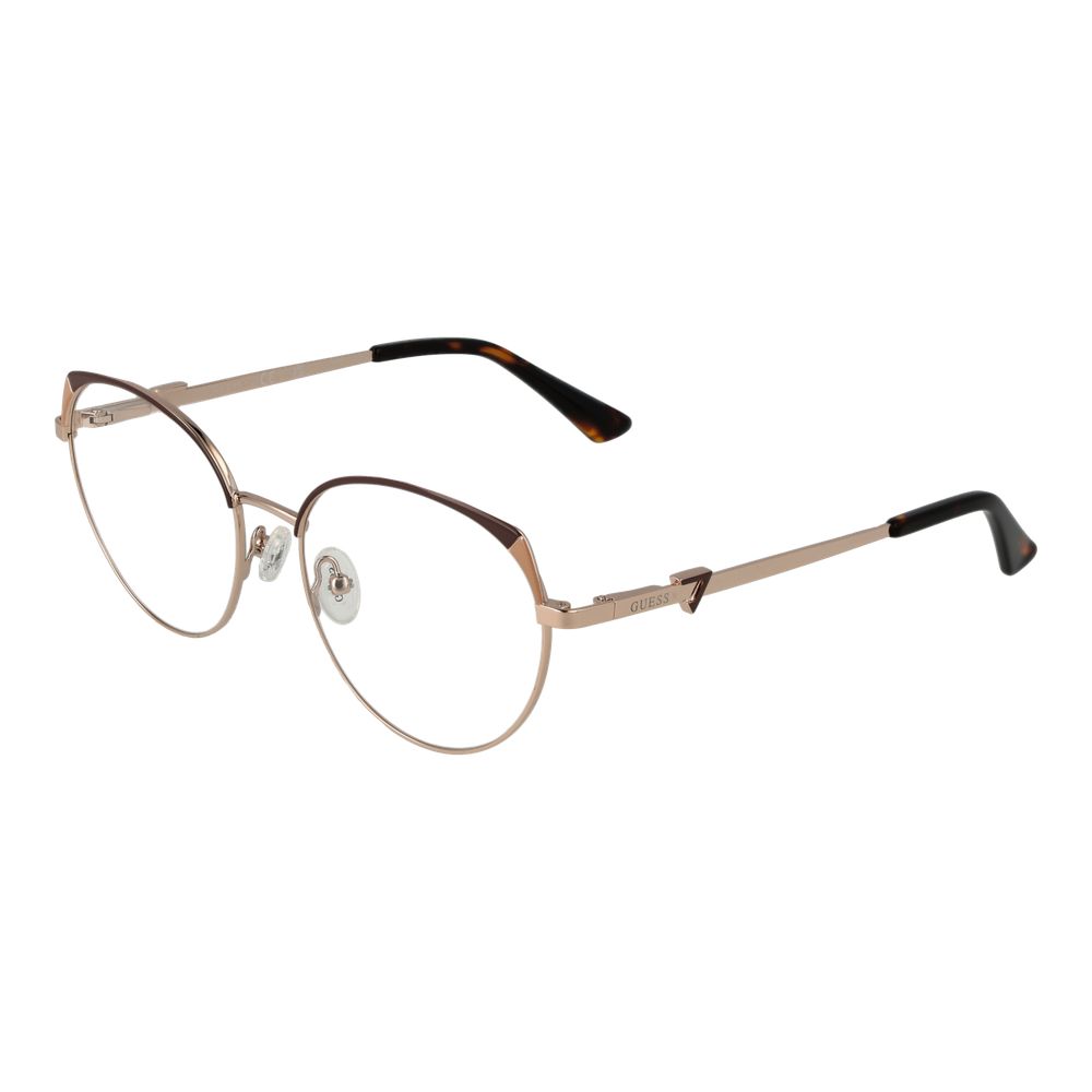 Guess Gold Women Glasses Frame, round metal full-rim style with demo lenses and spring hinge