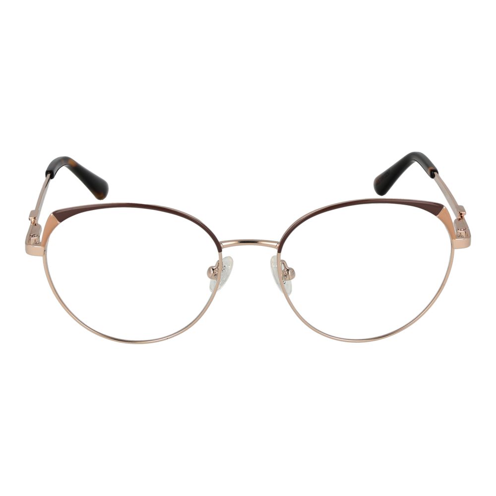 Guess Gold Women Glasses Frame with round metal full-rim design, demo lenses, and spring hinge. Stylish gold frame for women.