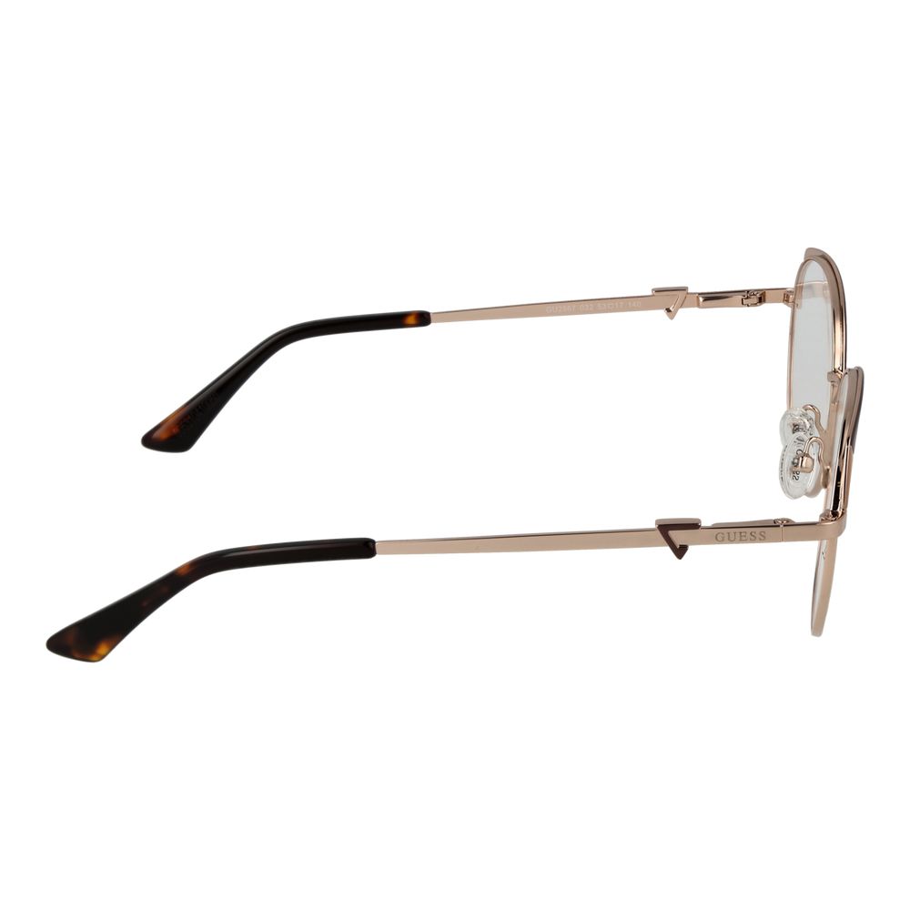 Side view of Guess Gold Women Glasses Frame showcasing metal full-rim and spring hinges with round lenses in demo glasses.