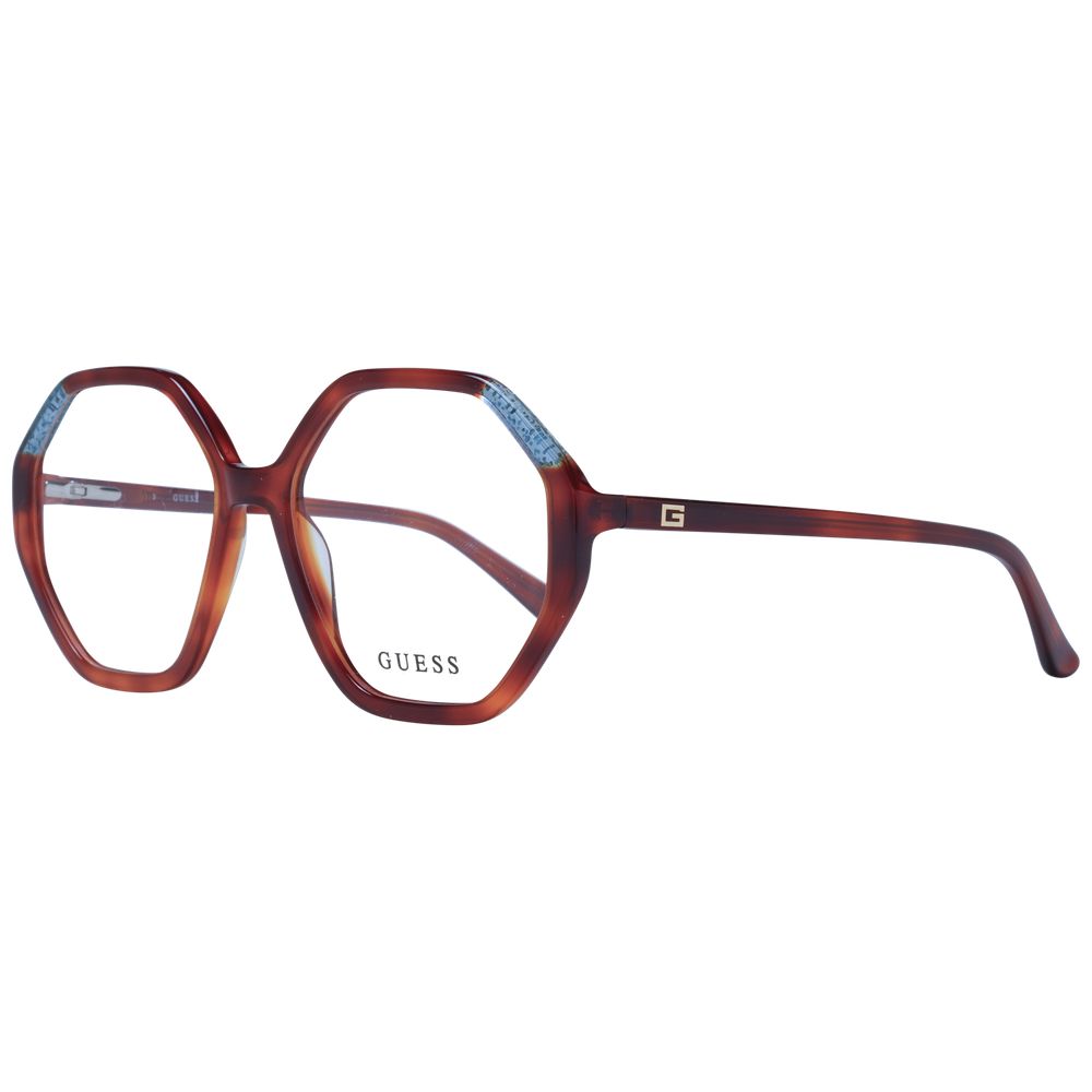 Guess Brown Women Glasses Frame, acetate full-rim, square style, demo lenses, with branded case, 53mm width, spring hinge.