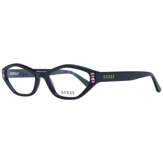 Alt Tag: Guess Black Women Glasses Frame, oval full-rim style, black acetate material, 53mm lens width, 16mm bridge, 145mm temples.