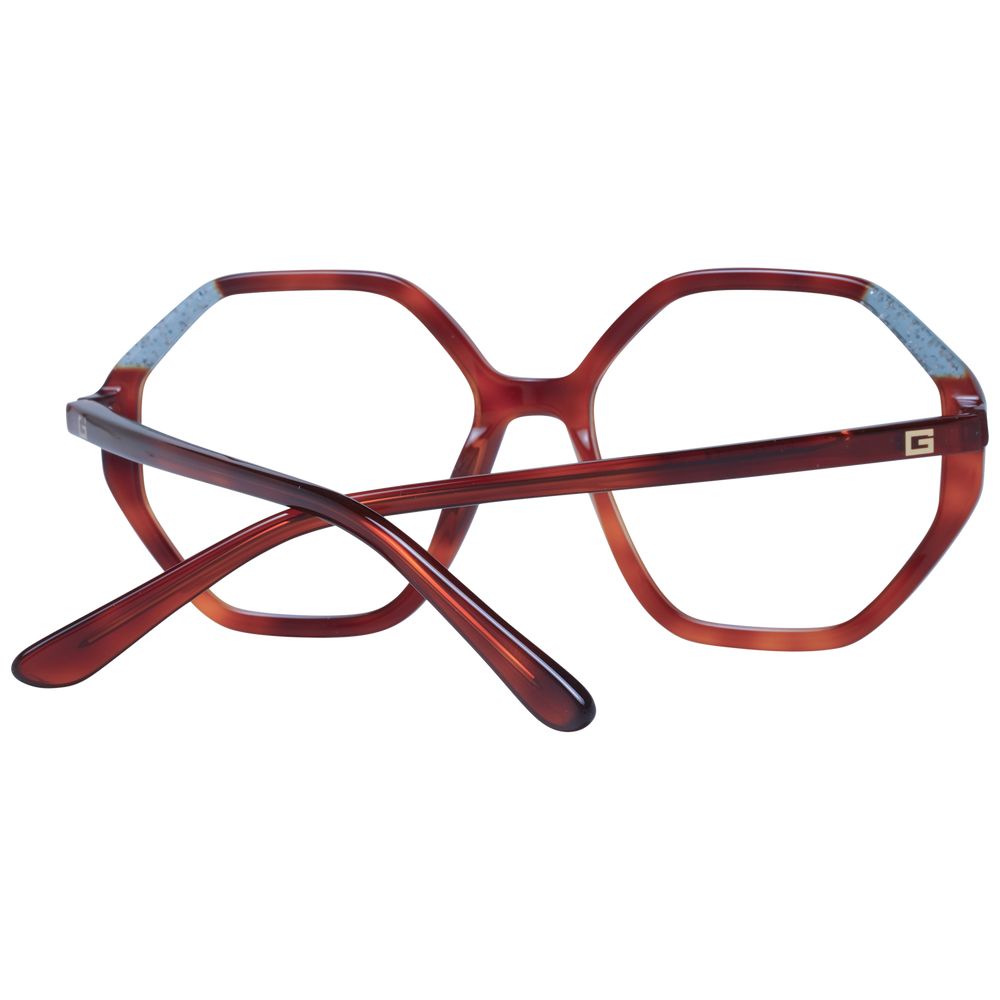 Guess Brown Women Glasses Frame, acetate square full-rim design, demo lenses, spring hinge, includes branded case.