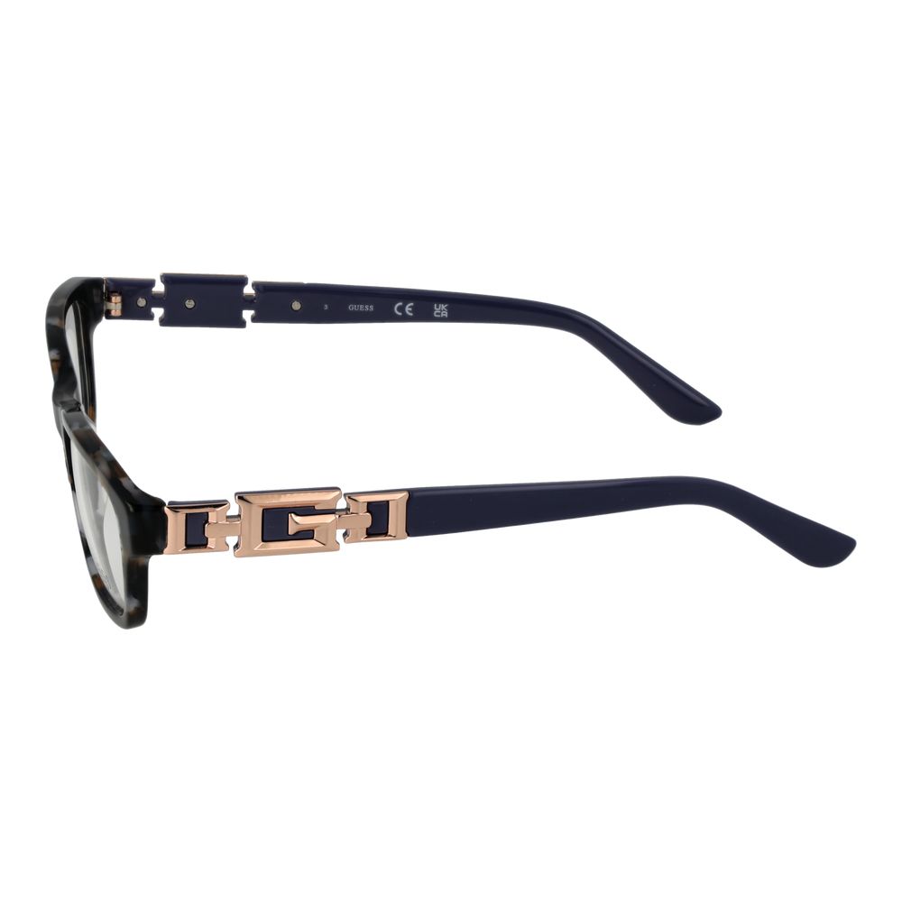 Side view of Guess Gray Women Glasses Frame with full-rim acetate design and gold accents on the temples.