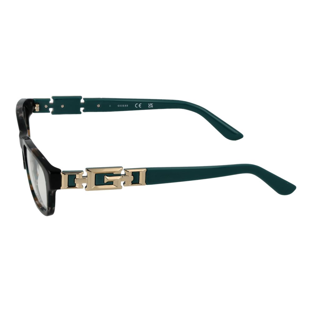 Side view of Guess Black Women Glasses Frame with acetate black full-rim design and gold accent on temples.