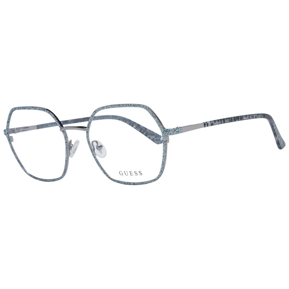 Guess Silver Women Glasses Frame with full-rim square design, silver metal, demo lenses, spring hinge, includes branded case.