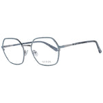 Guess Silver Women Glasses Frame with full-rim square design, silver metal, demo lenses, spring hinge, includes branded case.