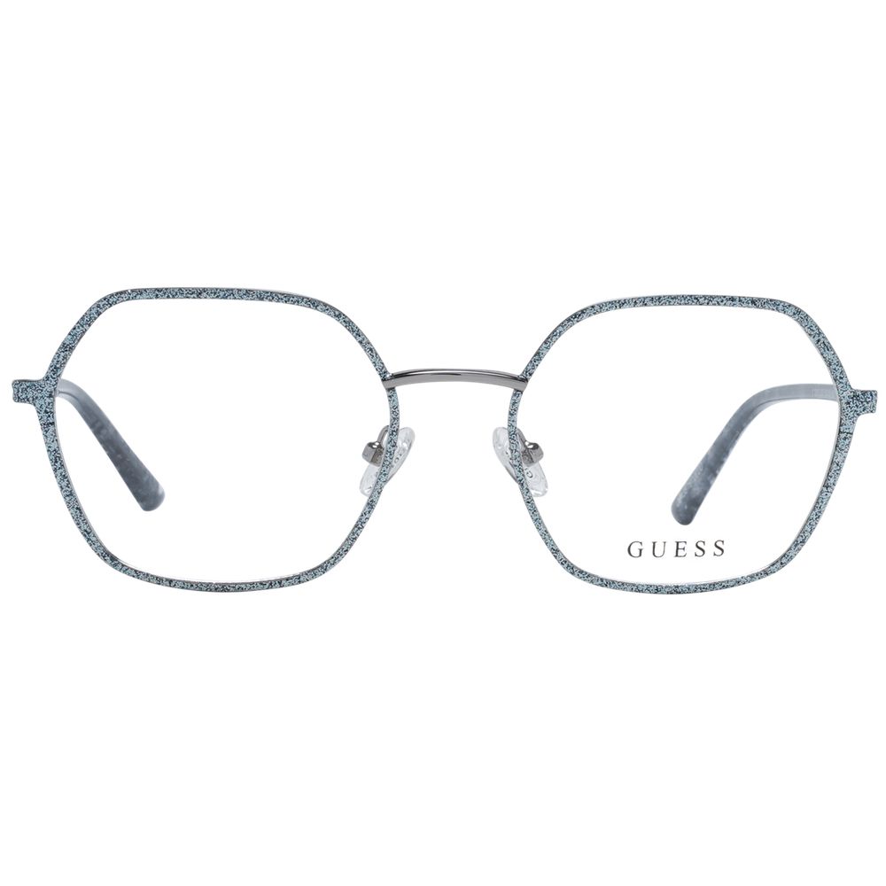 Guess Silver Women Glasses Frame, metal full-rim square style with demo lenses and branded case, spring hinge, temples length 140mm.