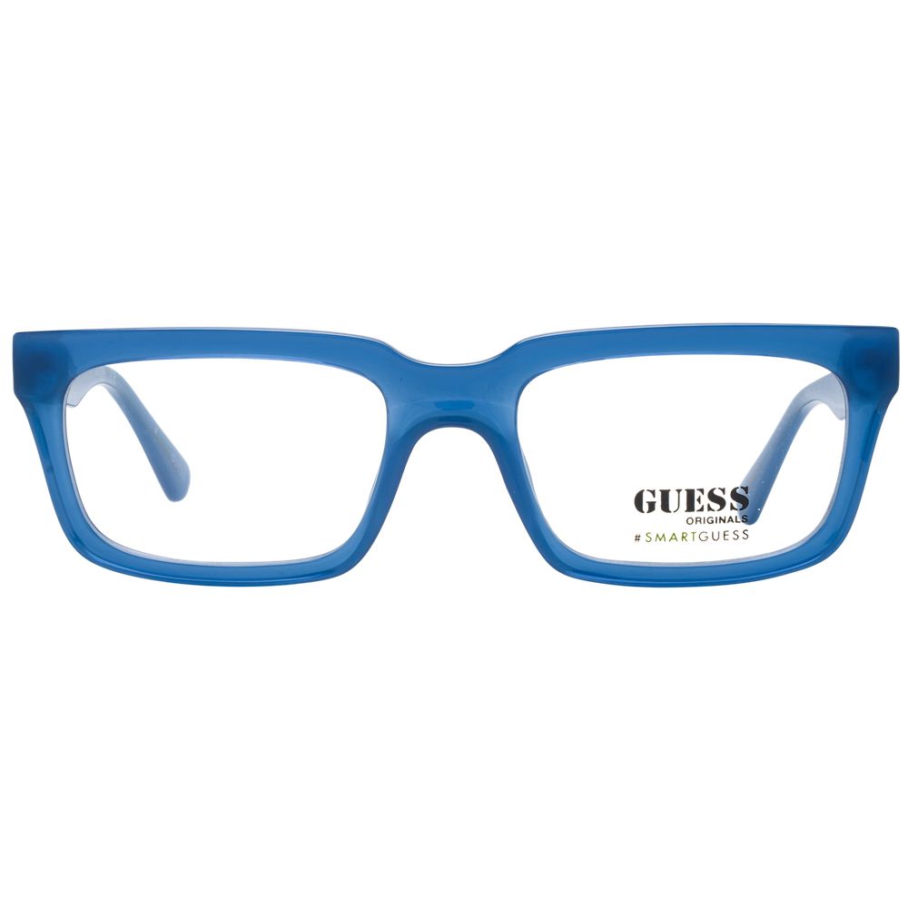 Guess Blue Unisex Glasses Frame with full-rim blue plastic design featuring rectangle shape, demo lenses, and included branded case.