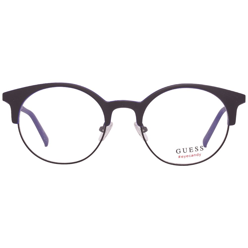 Guess Black Women Glasses Frame with round metal and plastic full-rim design, spring hinge, size 51-21-135, includes branded case.